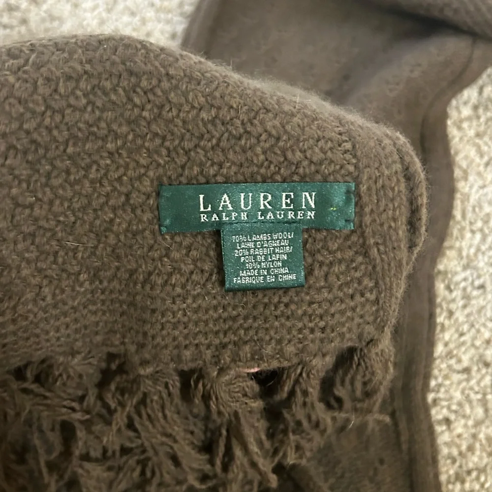 Lauren Ralph Lauren Lambs Wool Rabbit Hair Fringe Boho Scarf Knit Tassel Brown